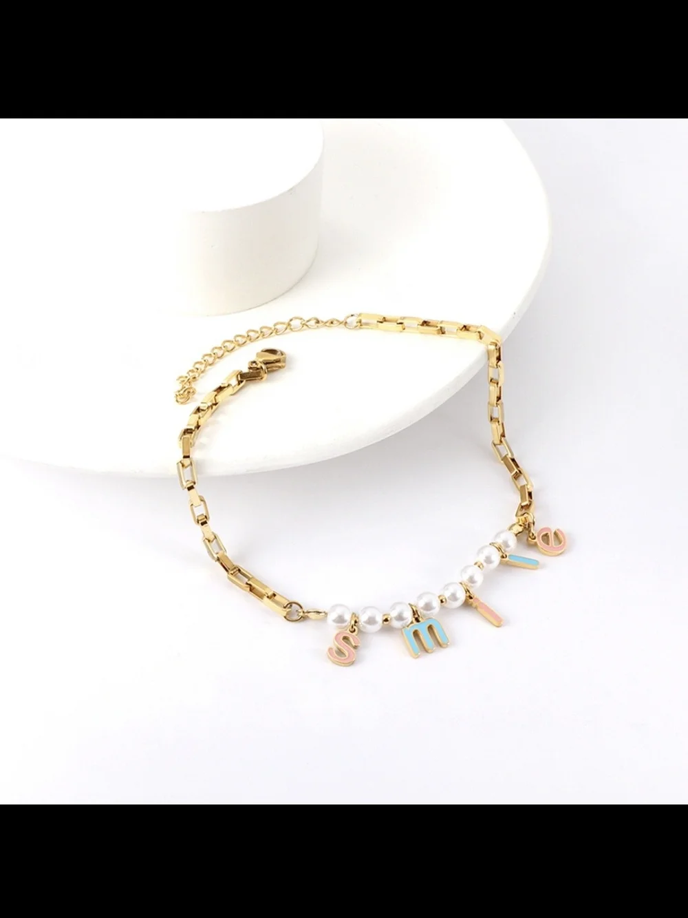 Gold Smiley Letter Charm Anklet with Pearls - Unbranded